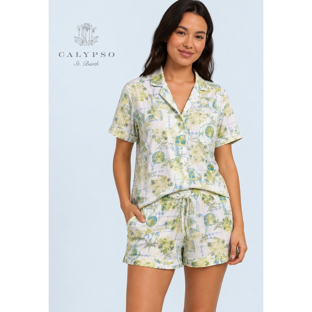 Calypso St Barth Womens Organic Cotton Pajama Set S Tropical Palm Print Green